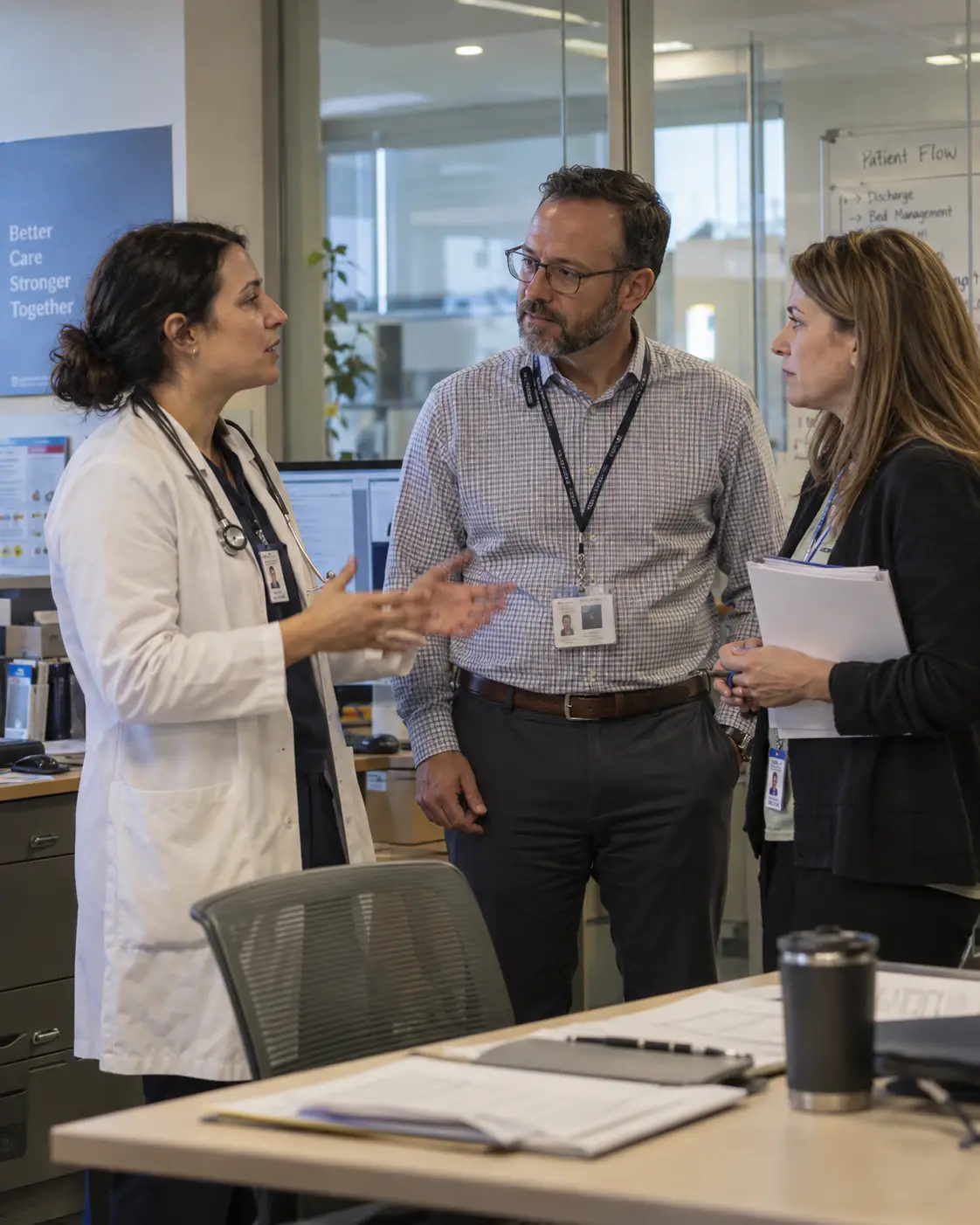 Pathology and hospital leadership discussing workflow
